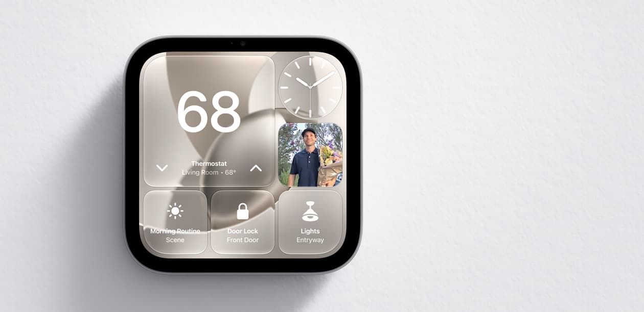 Apple HomeView mounted on a wall, showing Apple Home controls. Image: Apple